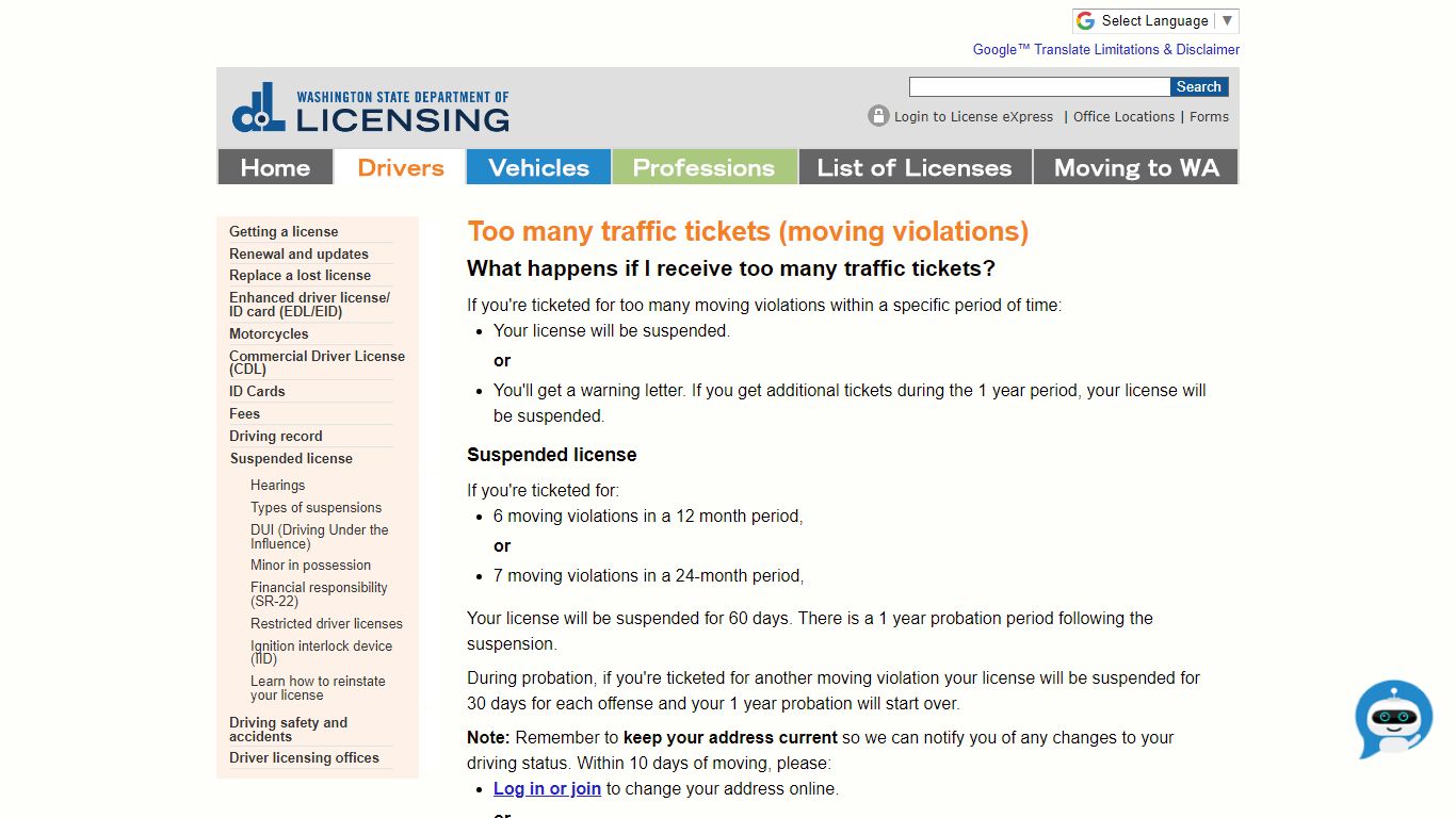 Too many traffic tickets (moving violations) - Washington